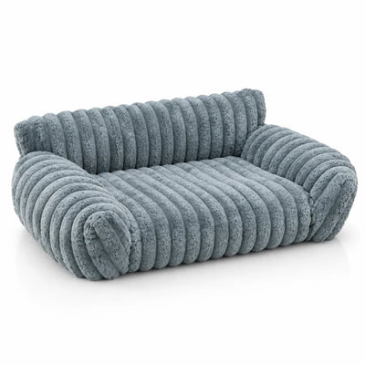 Grey plush pet sofa bed with thick ribbed fur upholstery, a curved backrest and rounded bolster arms, shown from a front angle on a plain white background.
