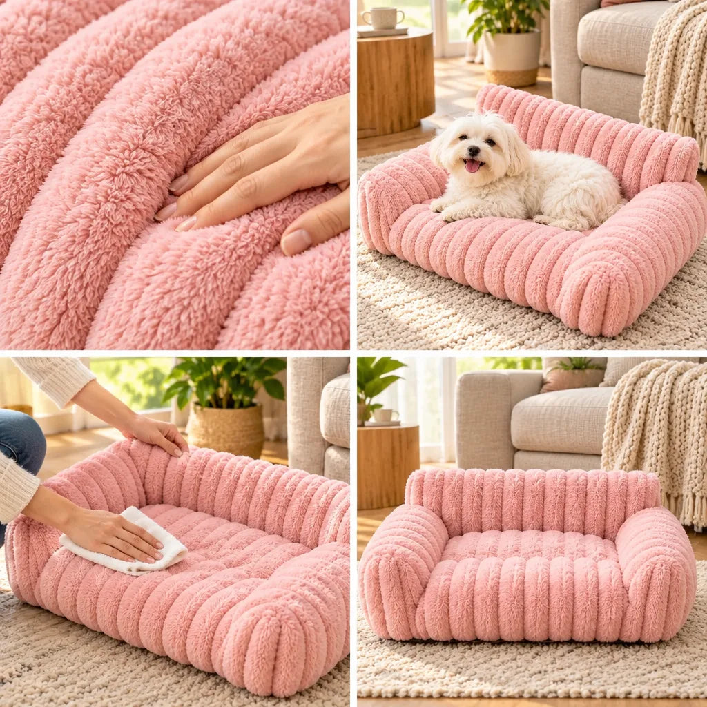 Four-panel grid showing a pink ribbed plush pet sofa bed: a close-up of a hand pressing into the soft fabric, a small white fluffy dog sitting on the bed in a sunny living room, a person wiping the cushion clean with a white cloth, and the empty bed styled on a woven rug beside a beige couch.