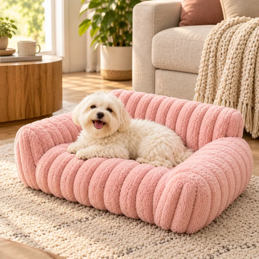 A small fluffy white dog lounges happily on a pink ribbed plush pet sofa bed, which sits on a cream textured rug in a sunlit living room with a beige couch, knit throw blanket and potted plants.