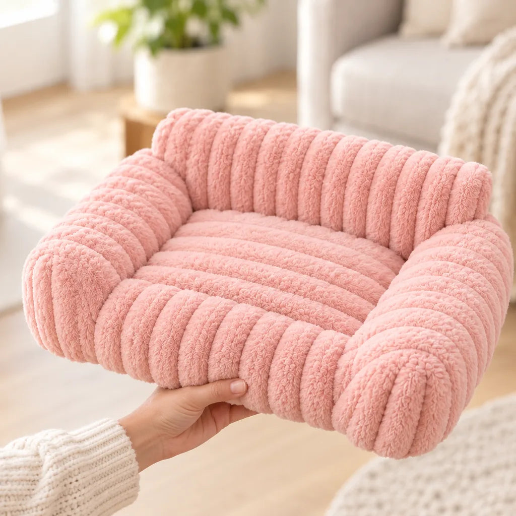 Hands hold up a pink ribbed plush pet sofa bed with raised back and side bolsters, in a sunlit living room with a couch, knit throw and houseplant behind it.