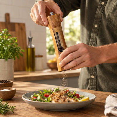 A man in an olive shirt grinds pepper from a wooden salt and pepper grinder over a plate of chicken salad with tomatoes, avocado and lemon on a wooden kitchen counter, with basil, rosemary and small bowls of peppercorns and salt nearby.