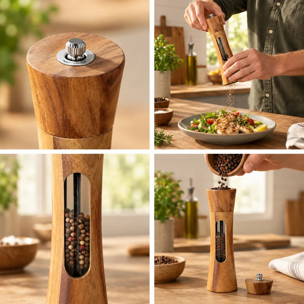 Four-panel grid showing the wooden salt and pepper grinder: a close-up of its rounded top with the silver adjustment knob, a man grinding seasoning over a plate of fish and salad in a sunny kitchen, a detail of the clear window revealing mixed peppercorns inside, and the grinder standing on a wooden counter with its cap removed while peppercorns are poured in from a small bowl.