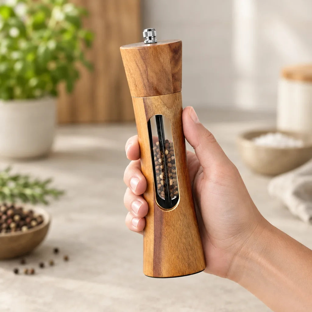 A hand holds a tall wooden salt and pepper grinder with a clear window showing the peppercorns inside, on a kitchen counter with a potted herb plant and small bowls of peppercorns and salt blurred in the background.