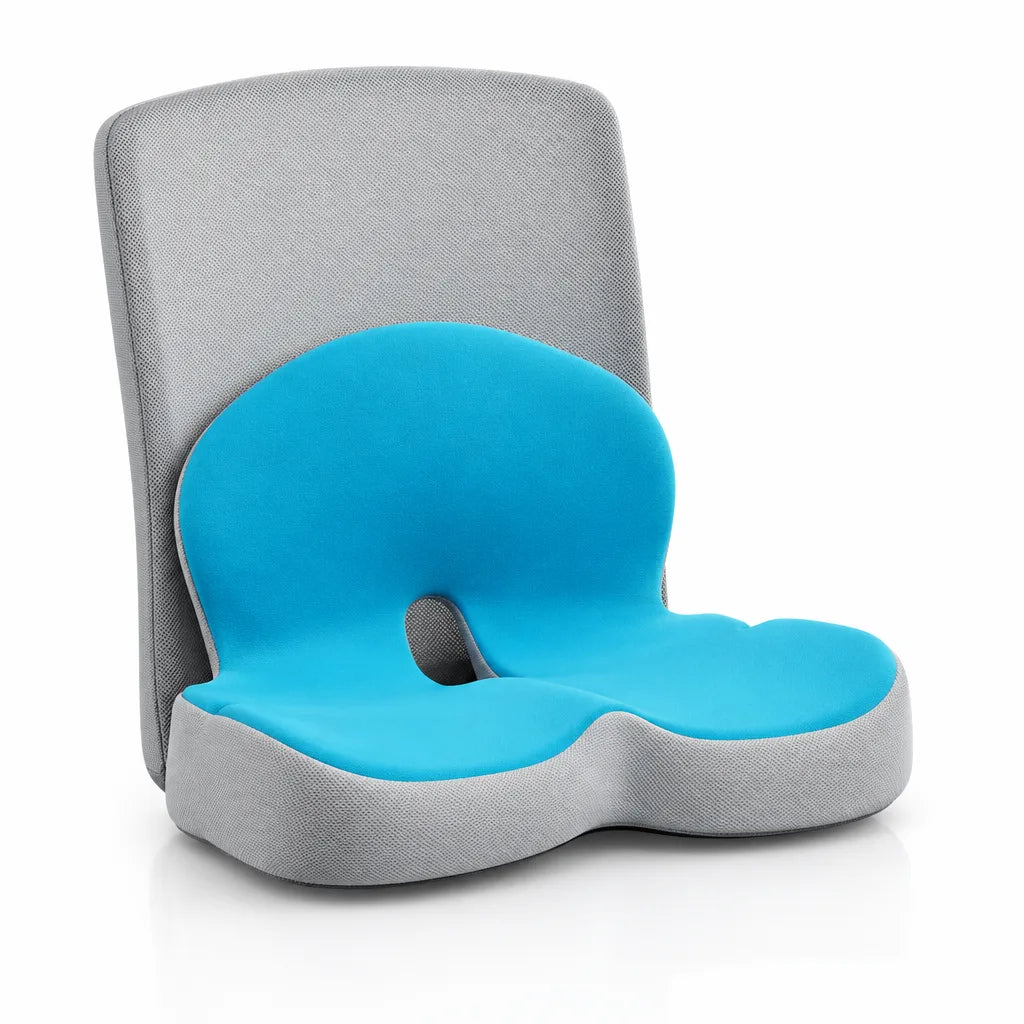Blue and grey memory foam seat cushion with an attached backrest, shown at an angle against a white background, its contoured cutout seat and tall back pad covered in bright blue fabric trimmed with grey mesh.