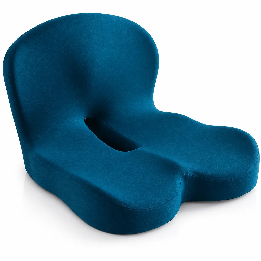 Teal blue memory foam seat cushion shown at an angle against a white background, with a contoured backrest, winged sides and a cut-out opening in the seat.