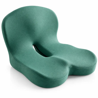 Green memory foam seat cushion with a contoured U-shaped cutout and raised back support, shown at an angle against a white background.