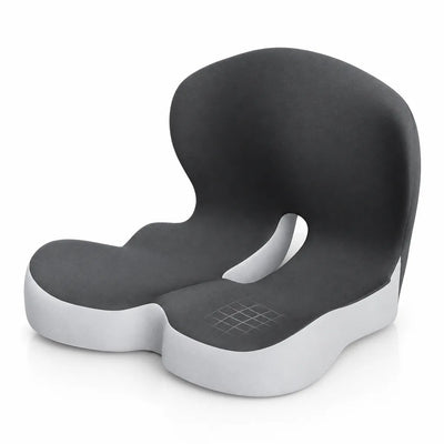 Dark grey Seat Cushion with a tall contoured backrest, a light grey foam base and a U-shaped cutout where the seat meets the back, shown at an angle against a plain white background.