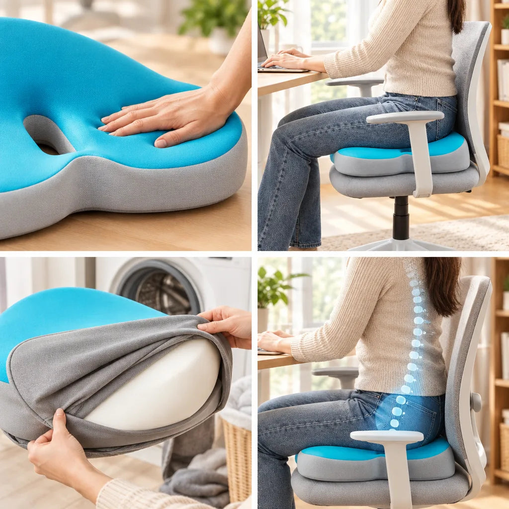 Four-panel grid showing the Seat Cushion in blue and grey: a hand pressing into the memory foam top on a wooden table, a woman sitting on it in a white office chair while working at a desk, hands peeling the grey cover off the white foam core in front of a washing machine, and a back view of the same seated woman with a glowing line traced along her spine.