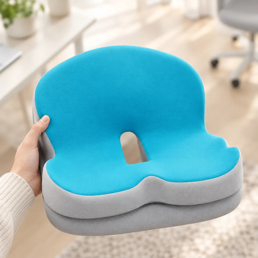 A hand holds up the Seat Cushion, showing its bright blue contoured top with a U-shaped coccyx cutout sitting on a thick grey foam base, with a sunlit home office desk, chair and rug blurred in the background.