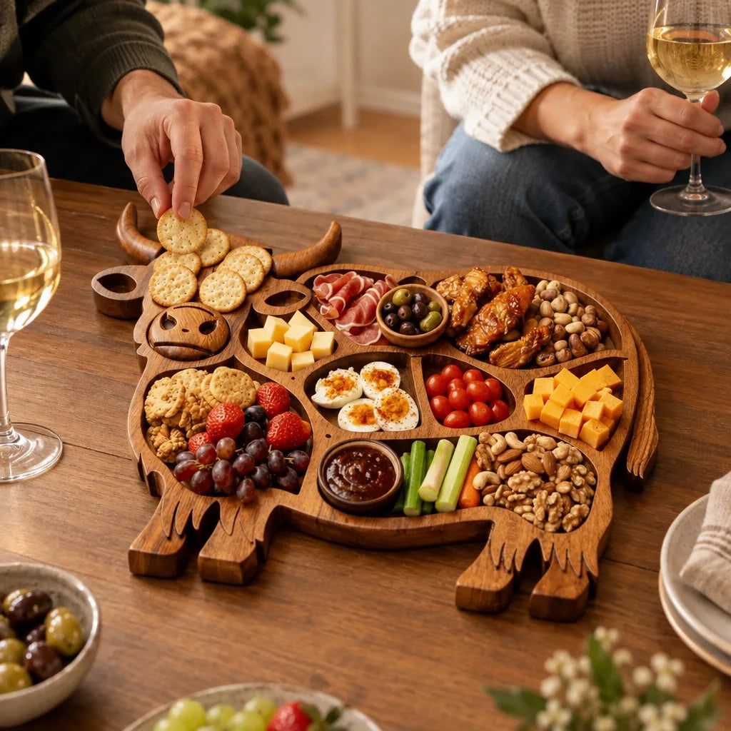 Two people sit around a wooden table with white wine while one reaches for a cracker from a cow-shaped Serving Board, its carved compartments filled with crackers, cubed cheddar, cured meat, olives, glazed chicken wings, deviled eggs, cherry tomatoes, grapes and strawberries, celery sticks, mixed nuts and a small bowl of dipping sauce.