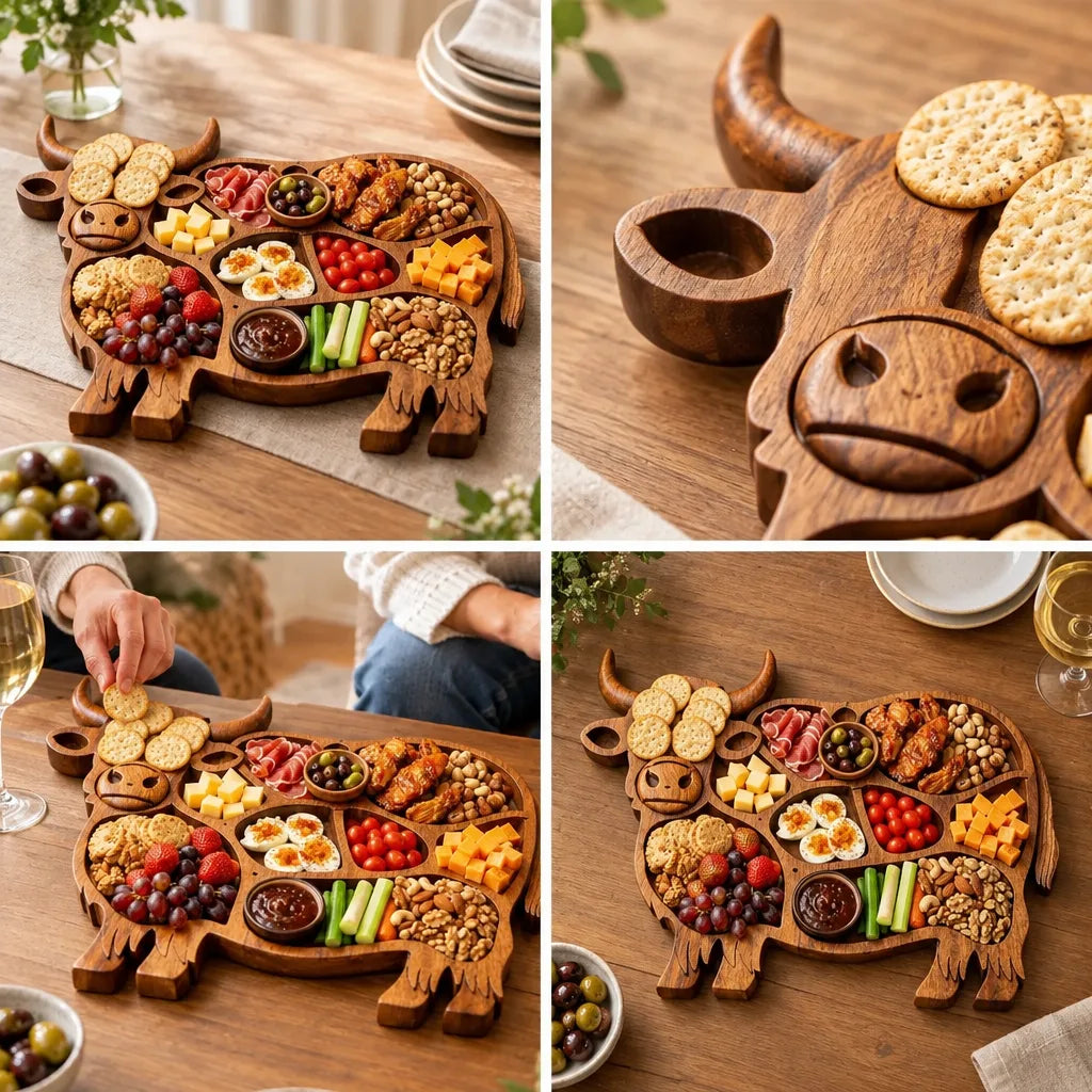 Four photos of a cow-shaped Serving Board Solid Wood Cow Design laid out with crackers, cured meat, cheese cubes, grapes, strawberries, eggs, tomatoes, celery, nuts and a bowl of dark dip: one angled view on a linen runner, a close-up of the carved cow face and horn beside crackers, a hand reaching in for a cracker next to a glass of white wine, and an overhead shot of the full spread on a wooden table.
