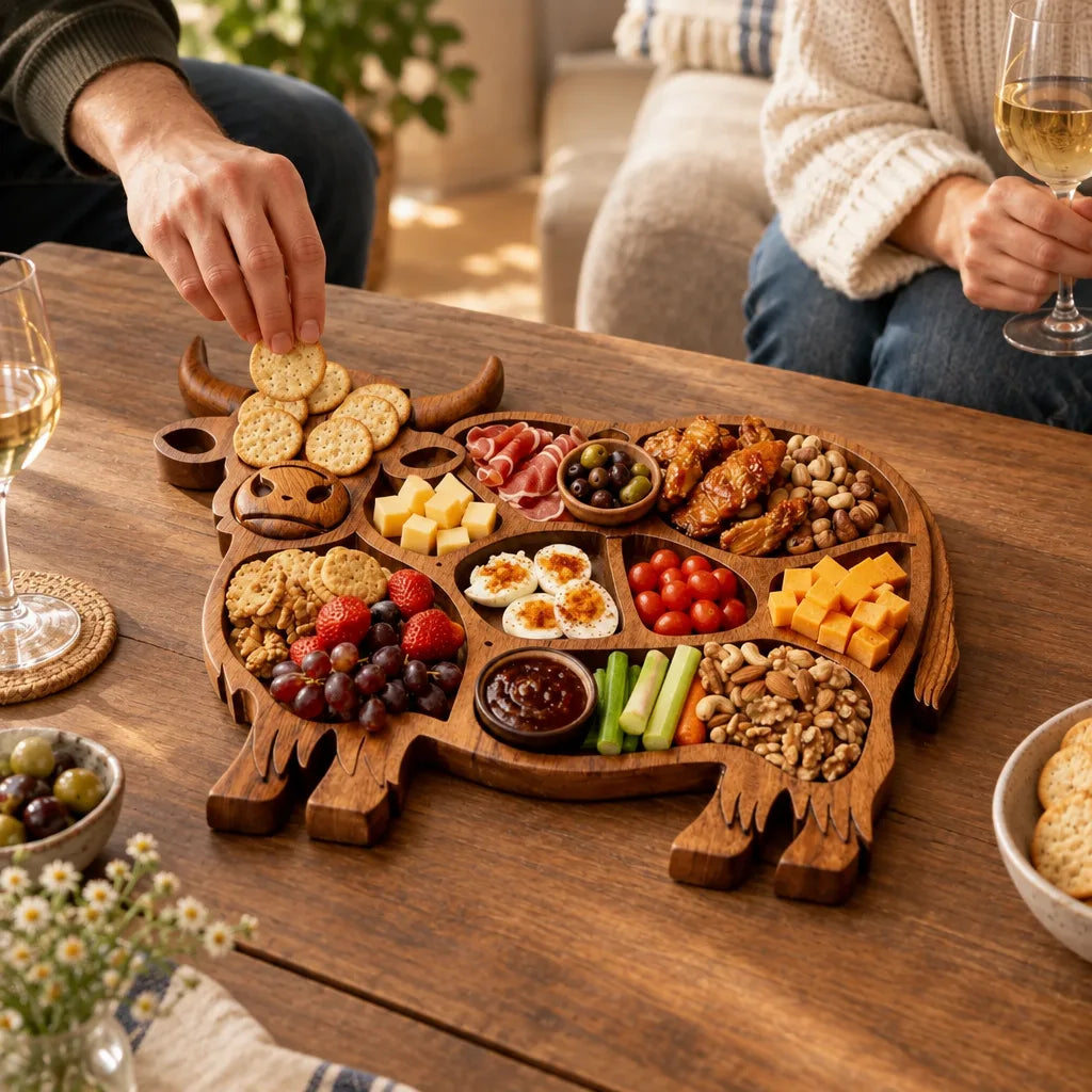 A cow-shaped solid wood serving board on a rustic table, its carved compartments filled with crackers, cubed cheese, prosciutto, olives, glazed chicken wings, mixed nuts, deviled eggs, cherry tomatoes, celery sticks, grapes and strawberries, as one person reaches in for a cracker and another sits nearby holding a glass of white wine.