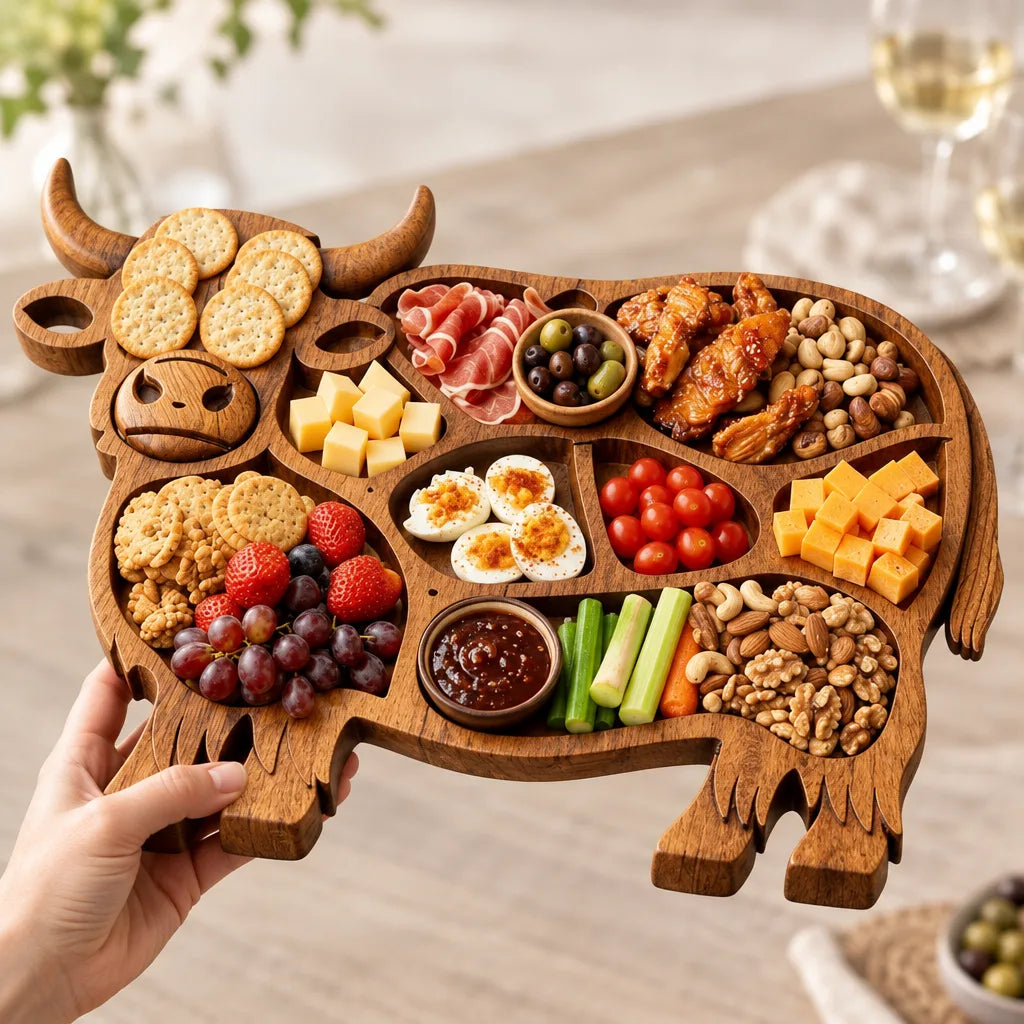 A hand holds up a cow-shaped Serving Board Solid Wood Cow Design filled with crackers, sliced cured ham, olives, glazed chicken wings, mixed nuts, cubes of white and orange cheese, deviled eggs, cherry tomatoes, grapes and strawberries, celery sticks and a small bowl of dark dipping sauce, with a blurred wooden table and glasses of white wine behind it.