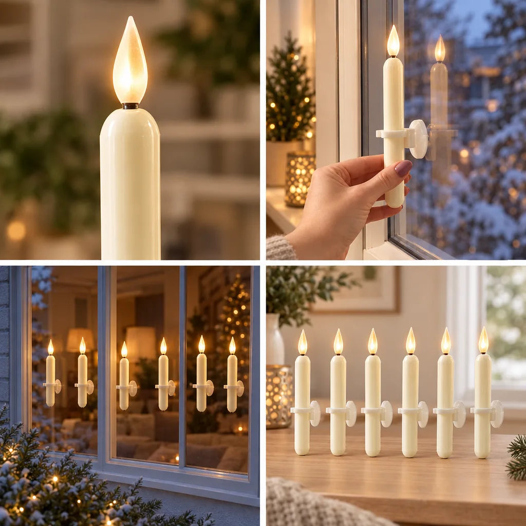 A four-panel layout for a set of 6 LED window candles: a close-up of one ivory candle's warm flickering flame, a hand pressing a candle onto a window pane above a snowy evening scene, a row of the lit candles seen from outside a window of a glowing living room, and all six candles standing in a line on a wooden sill.
