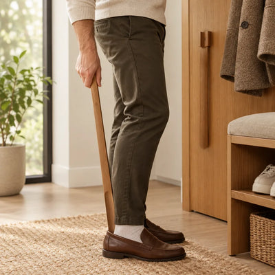 A man in olive trousers and a cream sweater uses a long-handled walnut wood shoehorn to slip his foot into a brown leather loafer, standing on a woven jute rug in a sunlit entryway beside an oak cabinet and a cushioned shoe bench.