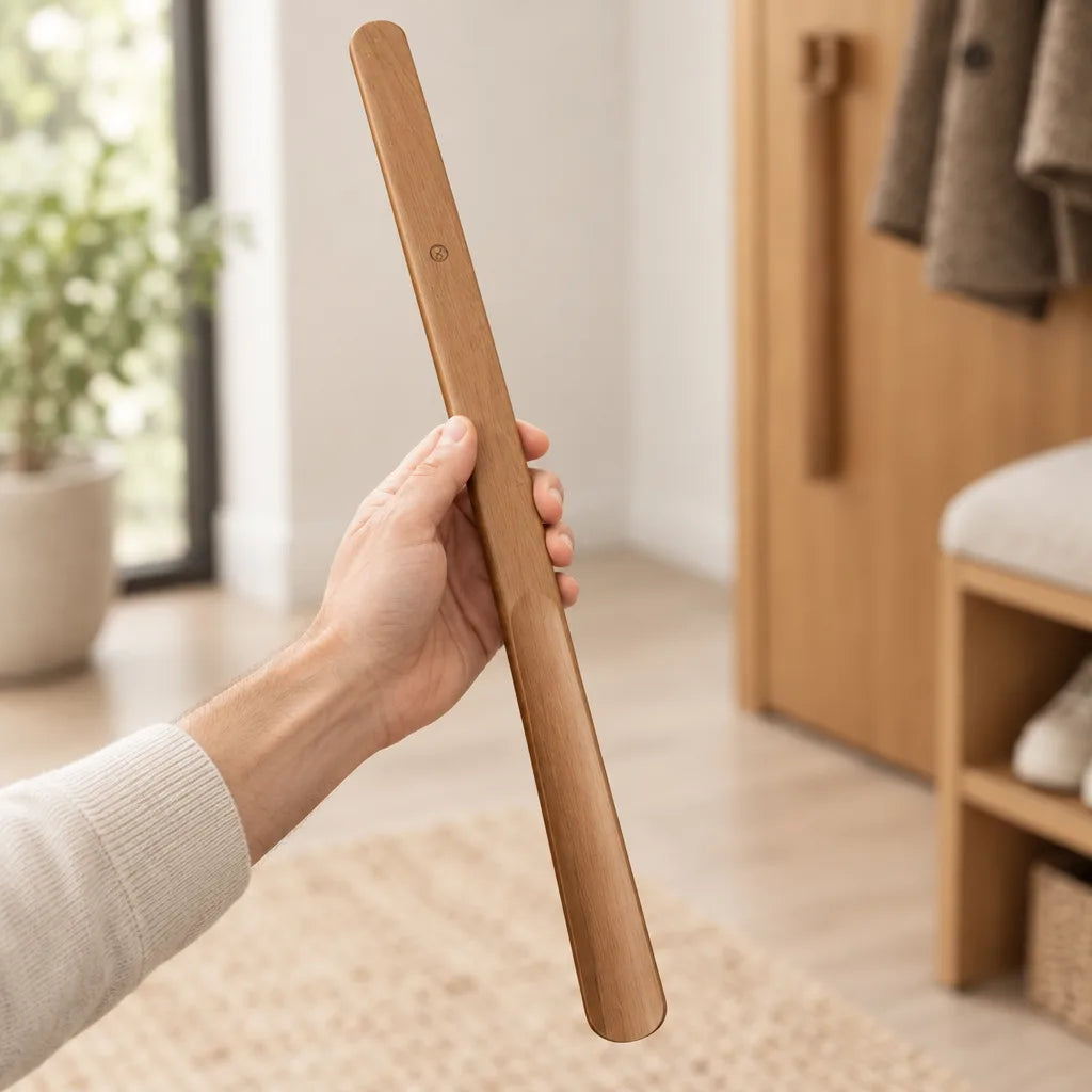 A hand holds the extra-long walnut wood shoehorn upright by its slim handle, showing its full length and curved scoop, with a wooden wardrobe, coats and a shoe bench blurred in the entryway behind.