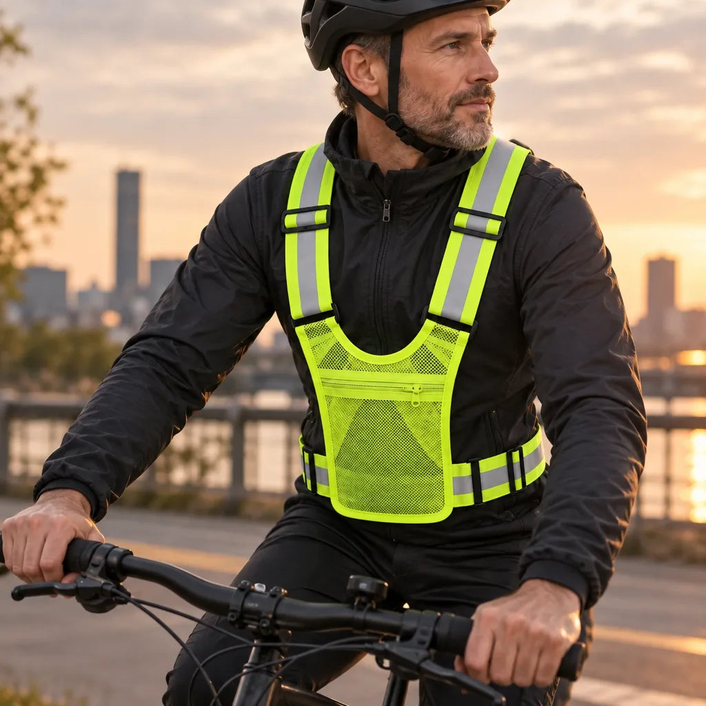 A bearded man in a black jacket and cycling helmet rides a bike along a waterfront path at sunset, wearing a neon yellow reflective safety vest with mesh panels, silver reflective stripes and a zippered front pocket, with a city skyline blurred behind him.