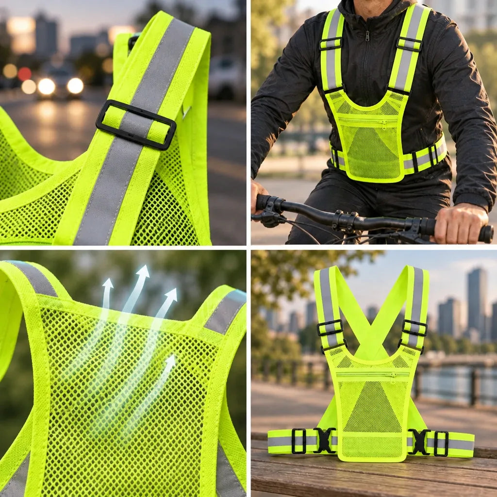 Four-panel layout showing the reflective mesh safety vest: a close-up of the adjustable black buckle on a silver-striped shoulder strap against a blurred street at dusk, a man wearing the vest over a dark jacket while riding a bike, a detail of the breathable mesh panel with arrows indicating airflow, and the vest laid out on a wooden bench with a river and city skyline behind it.