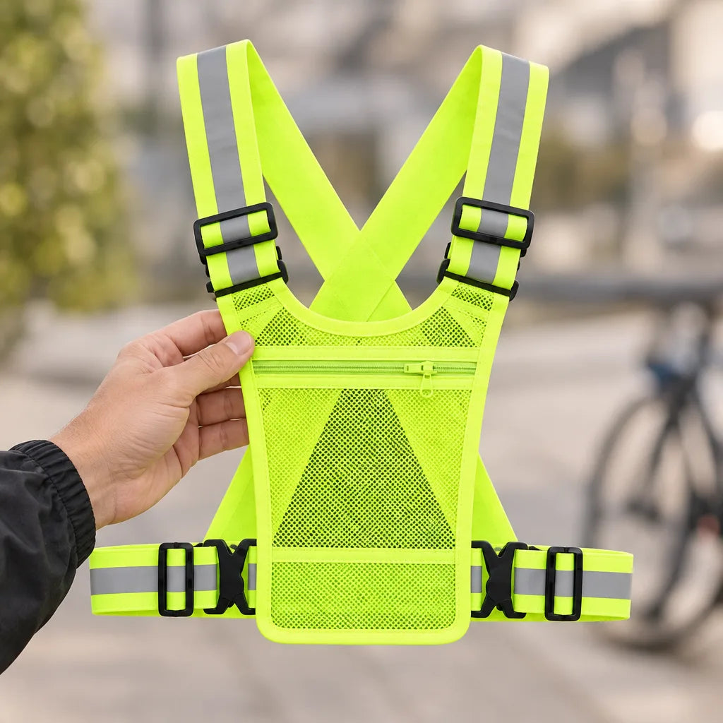 A hand holds up a neon yellow reflective safety vest with mesh panels, adjustable buckles, a zipped front pocket and silver reflective stripes across the straps and waist belt, with a blurred street and bicycle behind it.