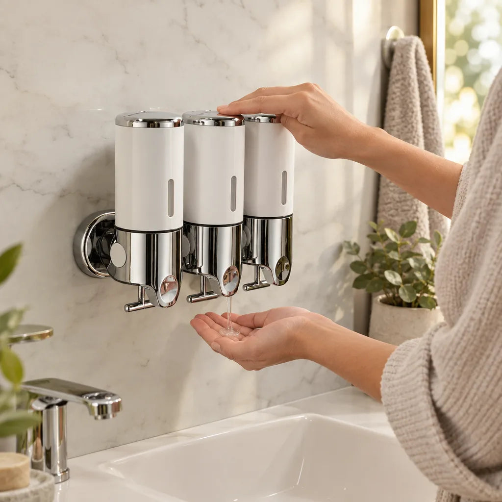 A woman presses the top of a wall-mounted soap dispenser with three white and chrome chambers, catching a stream of clear liquid in her cupped palm above a white bathroom sink, with a marble wall, hanging towel and potted plant behind her.