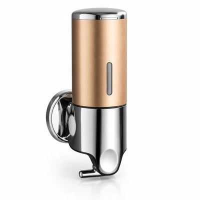 Wall-mounted soap dispenser with a brushed gold cylindrical body, polished chrome top, pump base and round wall bracket, shown against a plain white background.