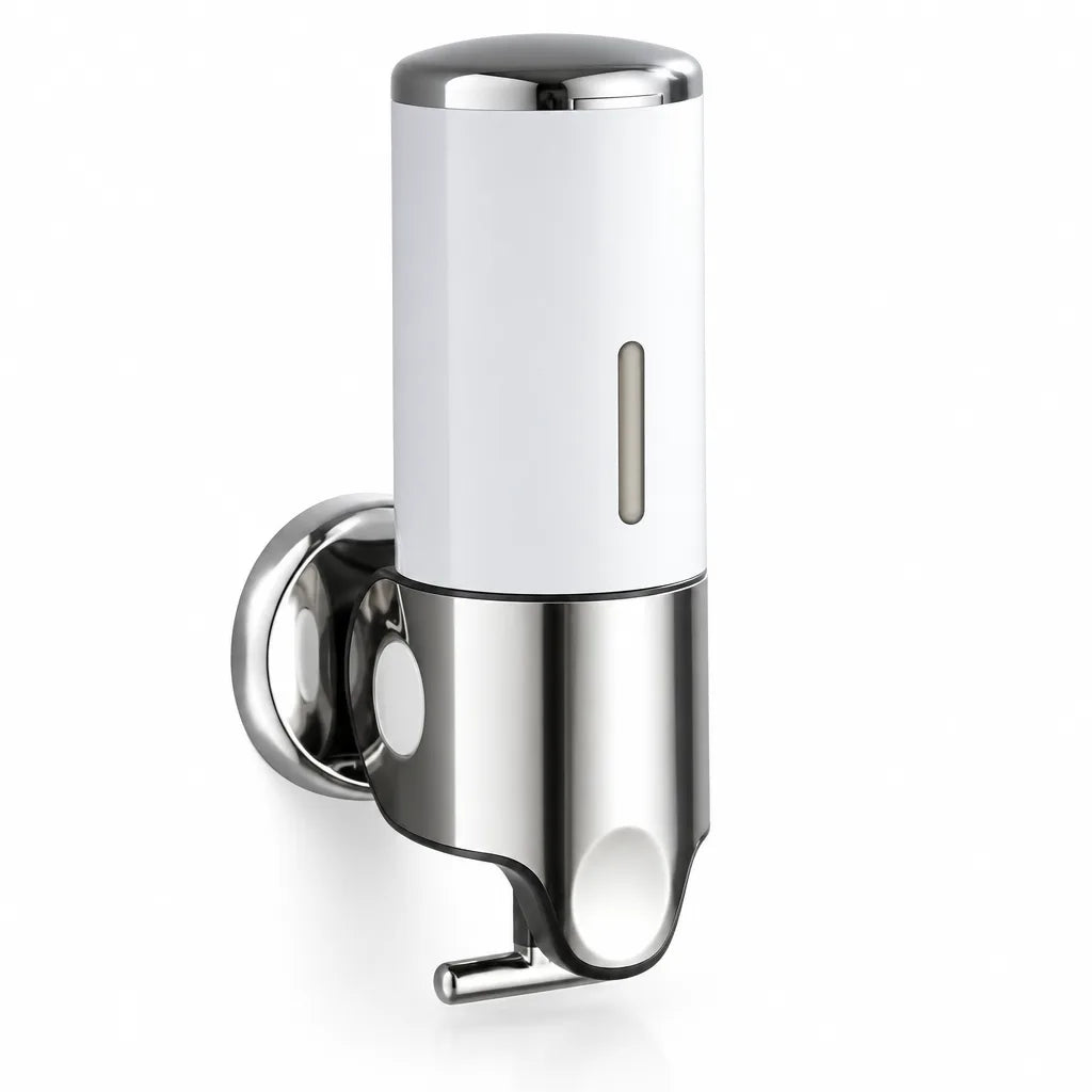 A white and polished chrome wall-mounted soap dispenser shown against a plain white background, with a rounded chrome mounting plate, a narrow level window on the white cylinder, and a curved metal push lever at the bottom.