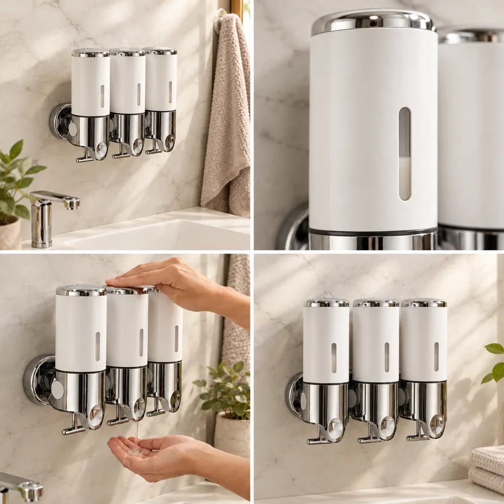 Four-panel layout showing a triple wall-mounted soap dispenser with white chambers and chrome bases: installed above a bathroom sink beside a hanging towel, a close-up of one chamber's narrow level window, a hand pressing the top while liquid soap falls into the other palm, and the full set mounted on a marble wall in sunlight next to folded towels.