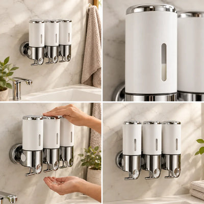 Four-panel layout showing a triple wall-mounted soap dispenser with white chambers and chrome bases: installed above a bathroom sink beside a hanging towel, a close-up of one chamber's narrow level window, a hand pressing the top while liquid soap falls into the other palm, and the full set mounted on a marble wall in sunlight next to folded towels.