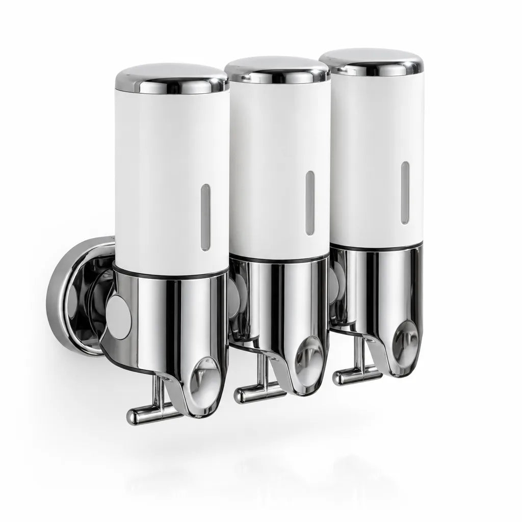 Three white and chrome wall-mounted soap dispenser units mounted side by side on a round chrome bracket, each with a push button and spout, shown against a plain white background.