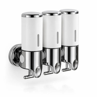 Three white and chrome wall-mounted soap dispenser units mounted side by side on a round chrome bracket, each with a push button and spout, shown against a plain white background.