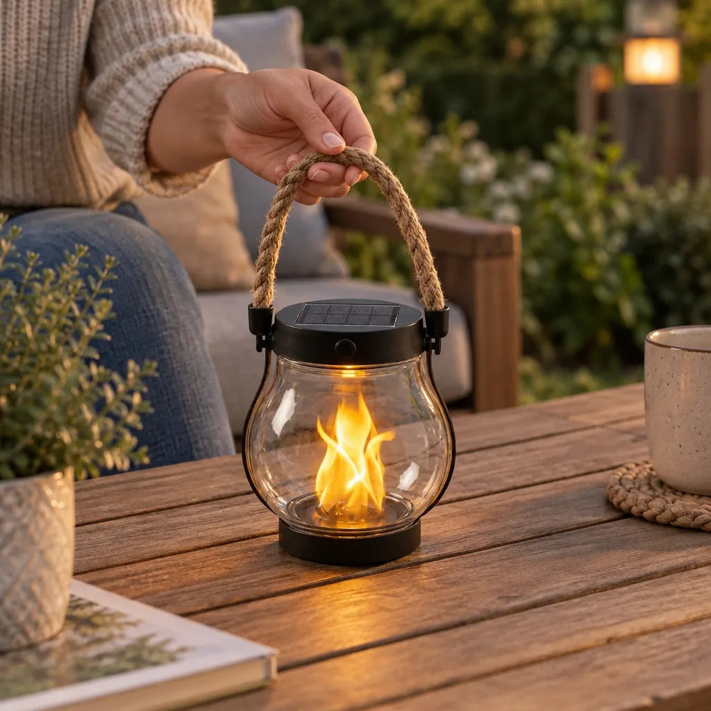 A woman lifts a solar flame lantern by its braided rope handle, the glass globe glowing with an orange flickering flame above a wooden patio table at dusk, with a mug, potted plant and lit garden lantern nearby.