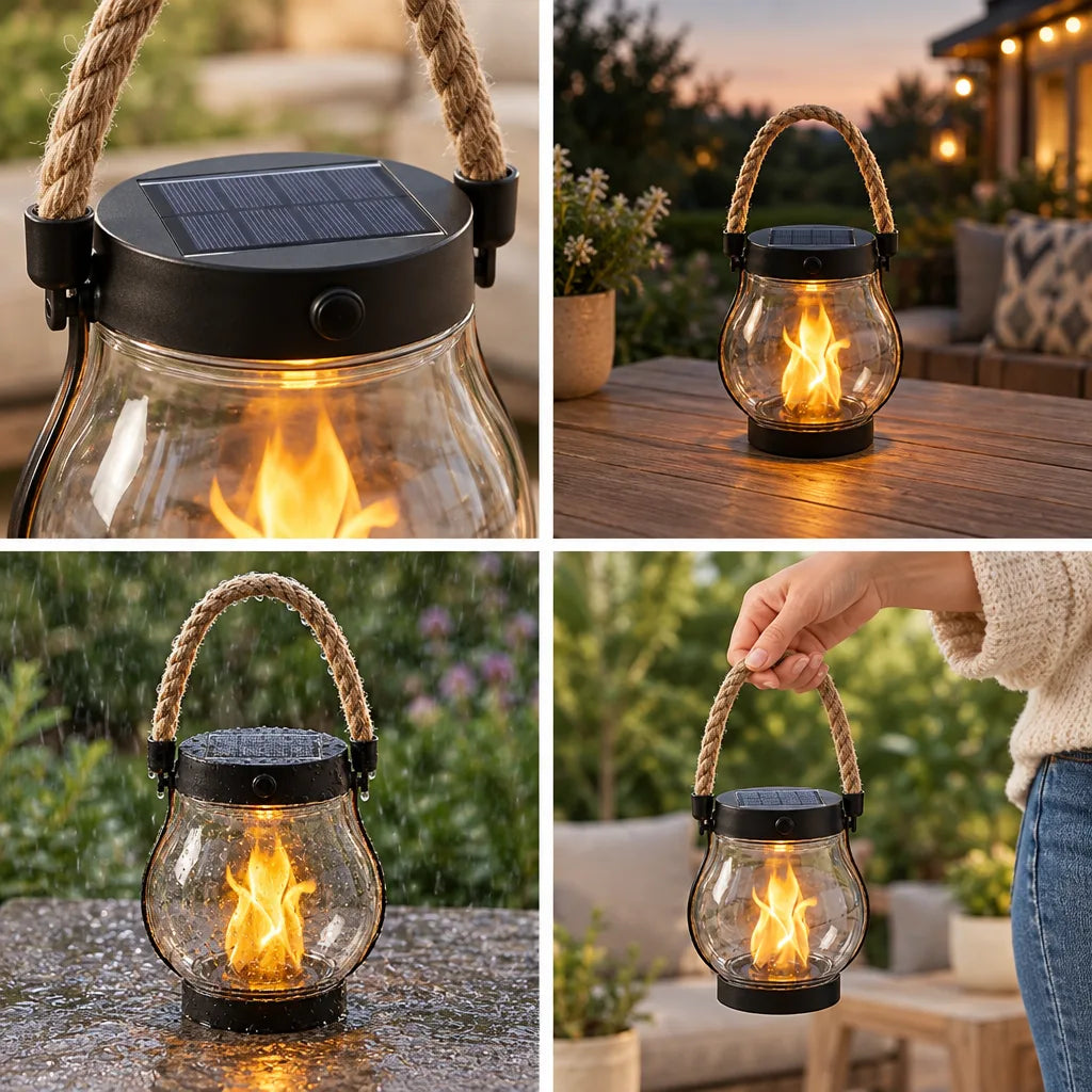 Four-panel grid of a solar flame lantern with a rope handle: a close-up of its black lid with solar panel and button above the glowing amber flame inside the glass, the lit lantern on a wooden patio table at dusk, the same lantern glowing on a wet stone surface in falling rain, and a hand carrying it by the rope handle in a garden.