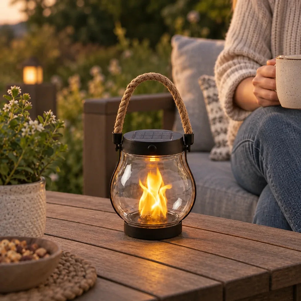 A solar flame lantern with a rope handle and a solar panel lid sits glowing on a wooden patio table at dusk, its amber flame effect flickering inside the glass, with a potted plant and bowl of nuts nearby and a woman holding a mug on an outdoor sofa in the background.