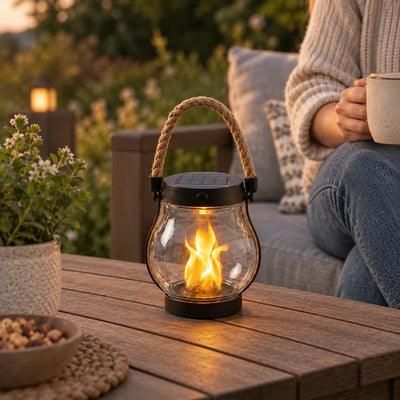 A solar flame lantern with a rope handle and a solar panel lid sits glowing on a wooden patio table at dusk, its amber flame effect flickering inside the glass, with a potted plant and bowl of nuts nearby and a woman holding a mug on an outdoor sofa in the background.