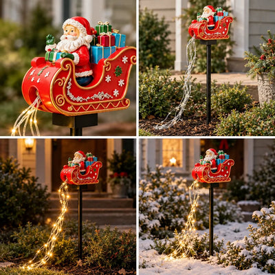 Four-panel view of the Santa in sleigh solar garden stake: a close-up of the red sleigh figurine loaded with gift boxes, and three outdoor shots showing the stake planted in a garden bed by a front porch in daylight, glowing at dusk, and lit up in snow with its warm white trailing light strands.