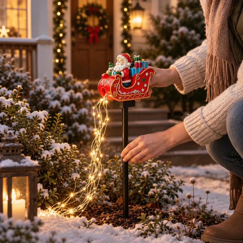 Woman in a cream knit sweater pressing a Santa-in-sleigh solar garden stake into a snowy flower bed, its warm white LED light trail spilling over the plants in front of a wreathed, garland-lit doorway at dusk.