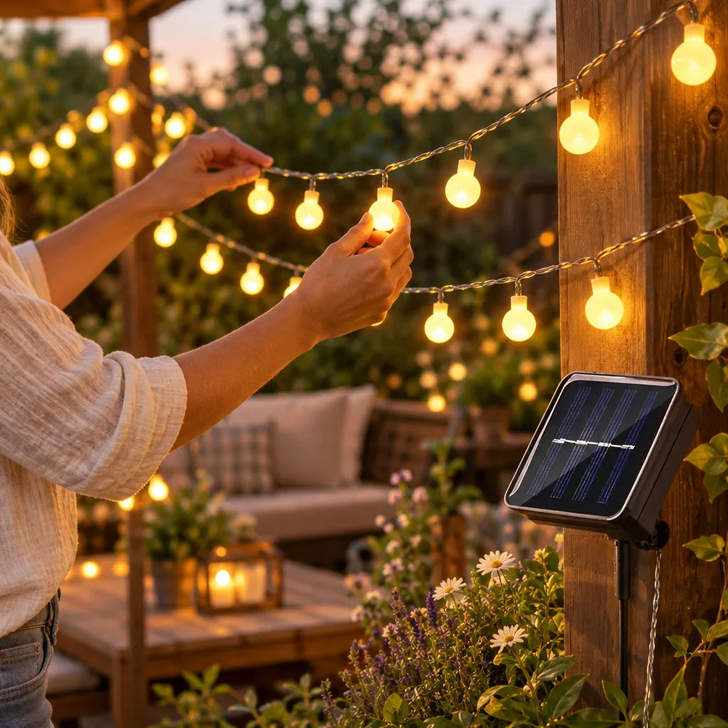 A woman reaches up to hang a glowing Solar-Lichterkette with round warm-white bulbs across a wooden pergola at dusk, with the string light's small solar panel mounted on the post beside ivy and a patio sofa in the background.