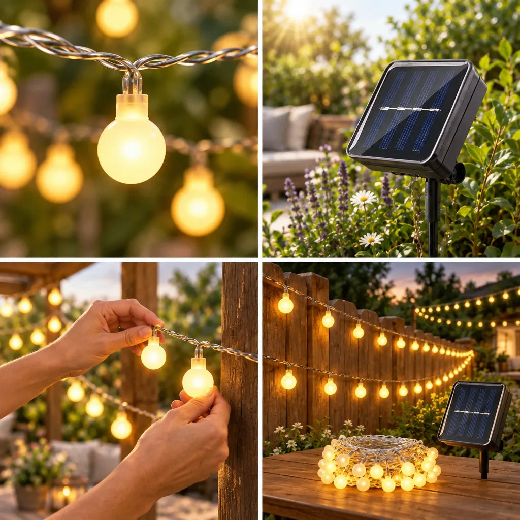 Four-panel grid showing solar string lights outdoors: a close-up of a frosted globe bulb glowing warm white on a twisted clear cable, the black solar panel on its ground stake among lavender and daisies, two hands clipping the lit strand onto a wooden post, and the full strand strung in swags along a garden fence at dusk with the coiled lights and solar panel resting on a wooden table.