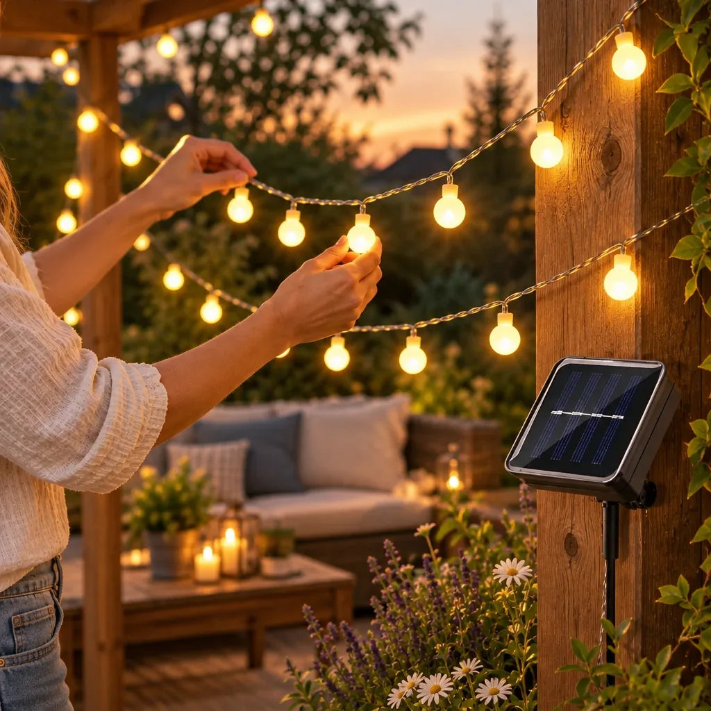 A woman hangs solar string lights with glowing round bulbs along a wooden pergola at dusk, with the small solar panel mounted on the post beside her and a cushioned patio sofa, candles and flowering plants in the background.