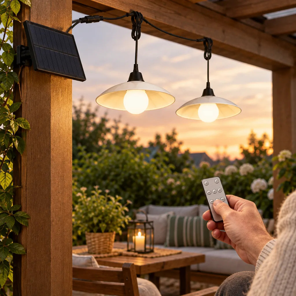 A hand holds a small remote toward two white dome pendant lights from the solar pendant light set, hanging from a wooden pergola with a solar panel mounted on the post, glowing warmly over a garden patio at sunset.