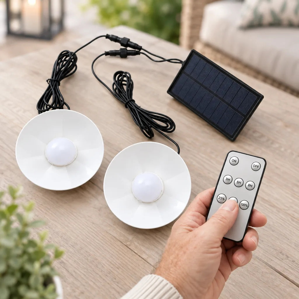 A hand holds the remote of a solar pendant light set on a light wooden outdoor table, with two white dome lamps, coiled black cables and a small black solar panel laid out beside a rattan sofa and a potted plant.