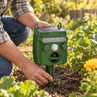 A kneeling gardener in a plaid shirt and jeans presses a green solar-powered ultrasonic animal repellent into dark soil by its stake, with leafy vegetable plants, a marigold and a wooden fence in the sunlit background.