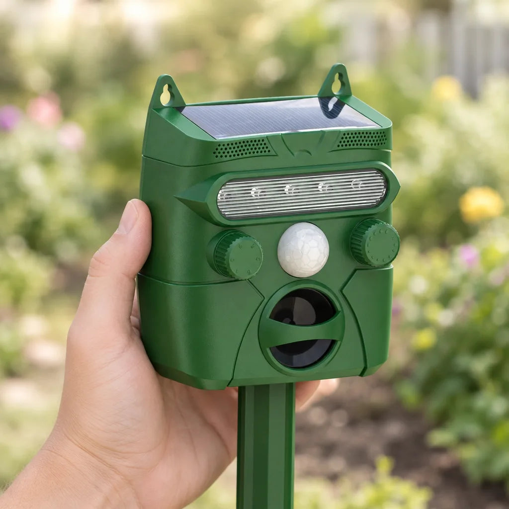 A hand holds up a green Solar-Powered Ultrasonic Animal Repellent on its ground stake, showing the solar panel on top, a round white motion sensor between two adjustment dials, and a dark speaker opening below, with a blurred flowering garden behind it.