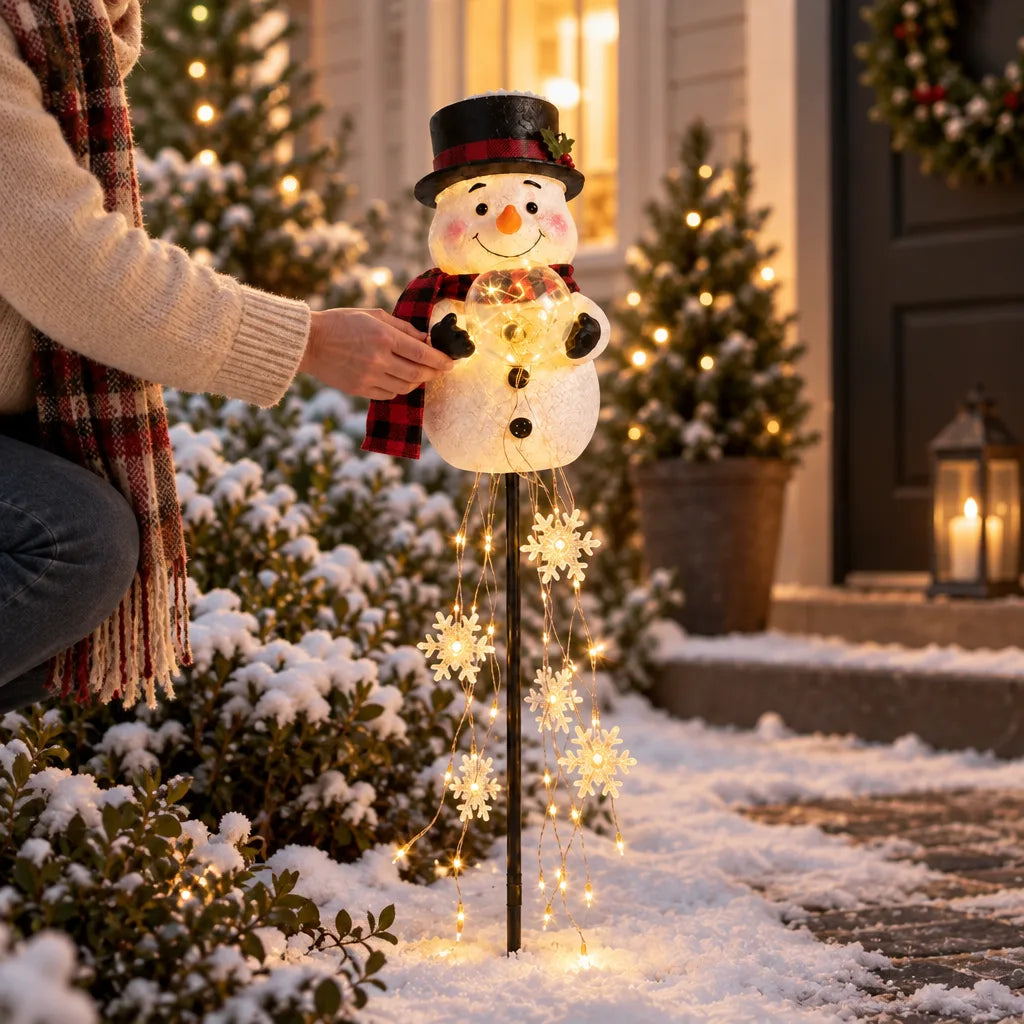 A person in a cream sweater and red plaid scarf crouches in the snow to steady a glowing Solar Snowman Garden Stake, its top-hatted snowman lit from within above a cluster of warm white snowflake lights trailing down the pole, with lit mini fir trees, a wreathed front door and a candle lantern behind it at dusk.