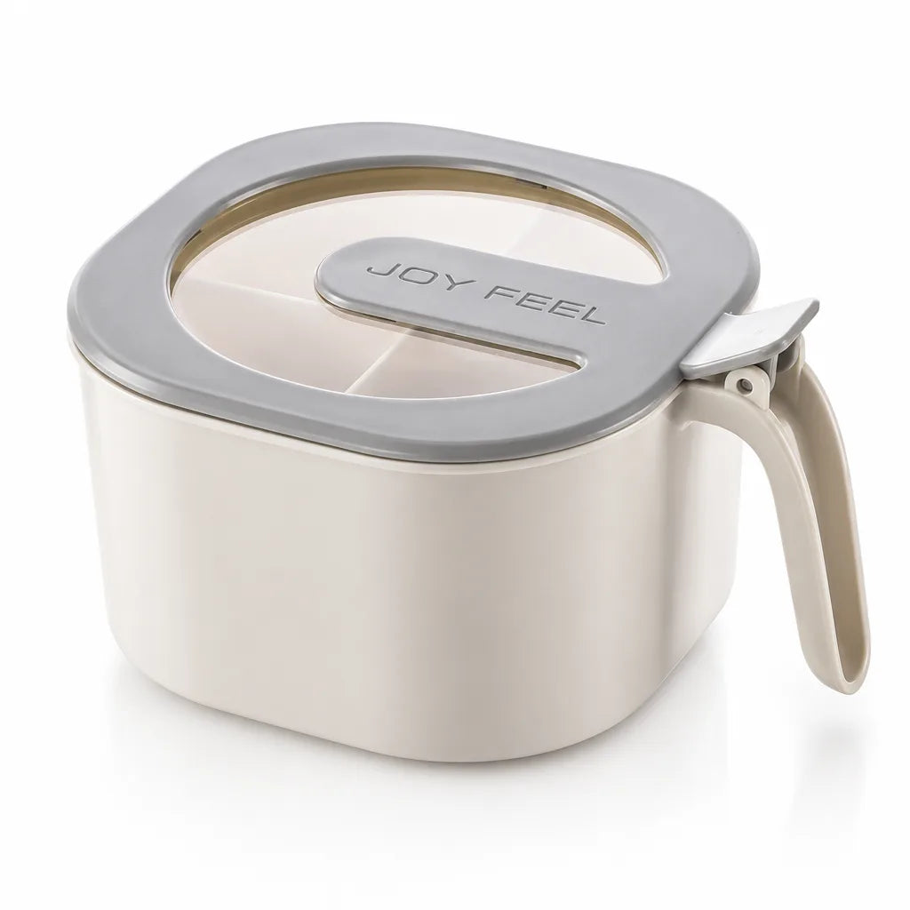 Cream-white Spice Storage Jar with a rounded square body, side handle and a grey clip-on lid with a clear window showing the divided compartments inside, shown on a plain white background.