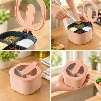 Four-panel layout showing a pink Spice Storage Jar on a wooden kitchen counter: its clear-windowed flip lid opened above four compartments of cheese powder, dried herbs, peppercorns and coarse salt, a hand lifting the lid while spooning herbs from inside, the closed square container beside a folded tea towel and potted basil, and the jar resting in an open palm to show its compact size.
