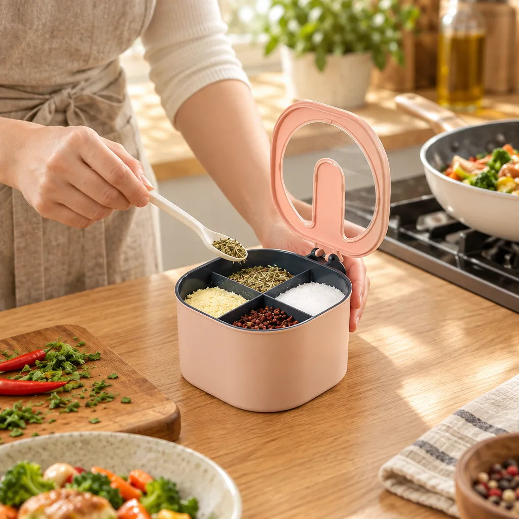 A woman in an apron spoons dried herbs from a pink spice storage jar with a clear flip-up lid, its four compartments holding herbs, grated cheese, salt and peppercorns, on a sunlit wooden kitchen counter beside chopped chilies, a pan of stir-fried vegetables and a bowl of greens.
