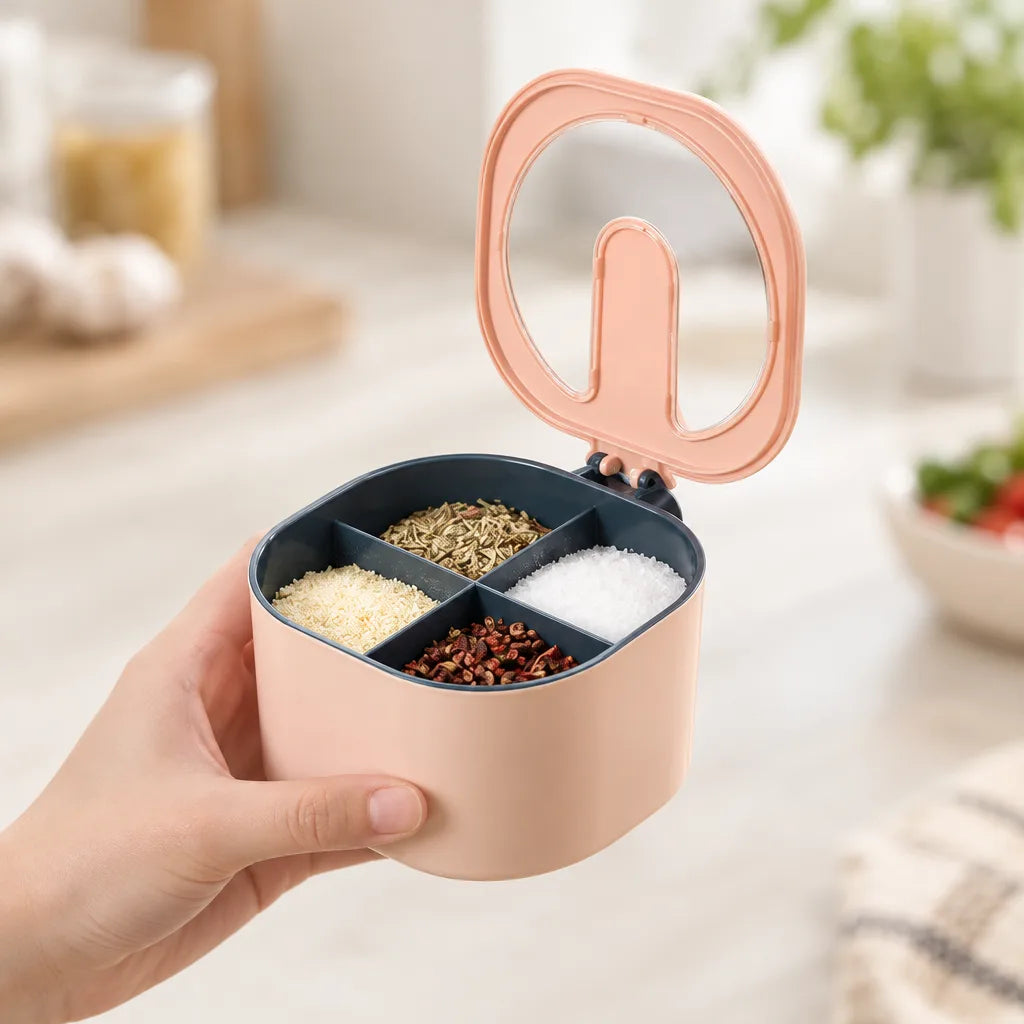 A hand holds the pink Spice Storage Jar open on a bright kitchen counter, its clear flip-up lid raised to show four wedge-shaped compartments filled with dried herbs, coarse salt, red peppercorns and pale granules.