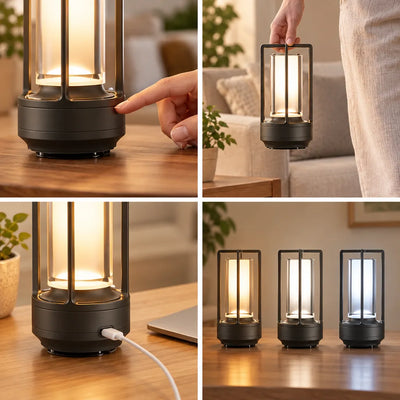 Four-panel grid showing a matte black cordless table lamp with a clear ribbed cylinder shade: a fingertip tapping the touch control on its base, a hand carrying the glowing lamp by its handle past a sofa, a USB cable plugged into the base beside a laptop, and three lamps lined up on a wood table glowing warm, soft white and cool white.