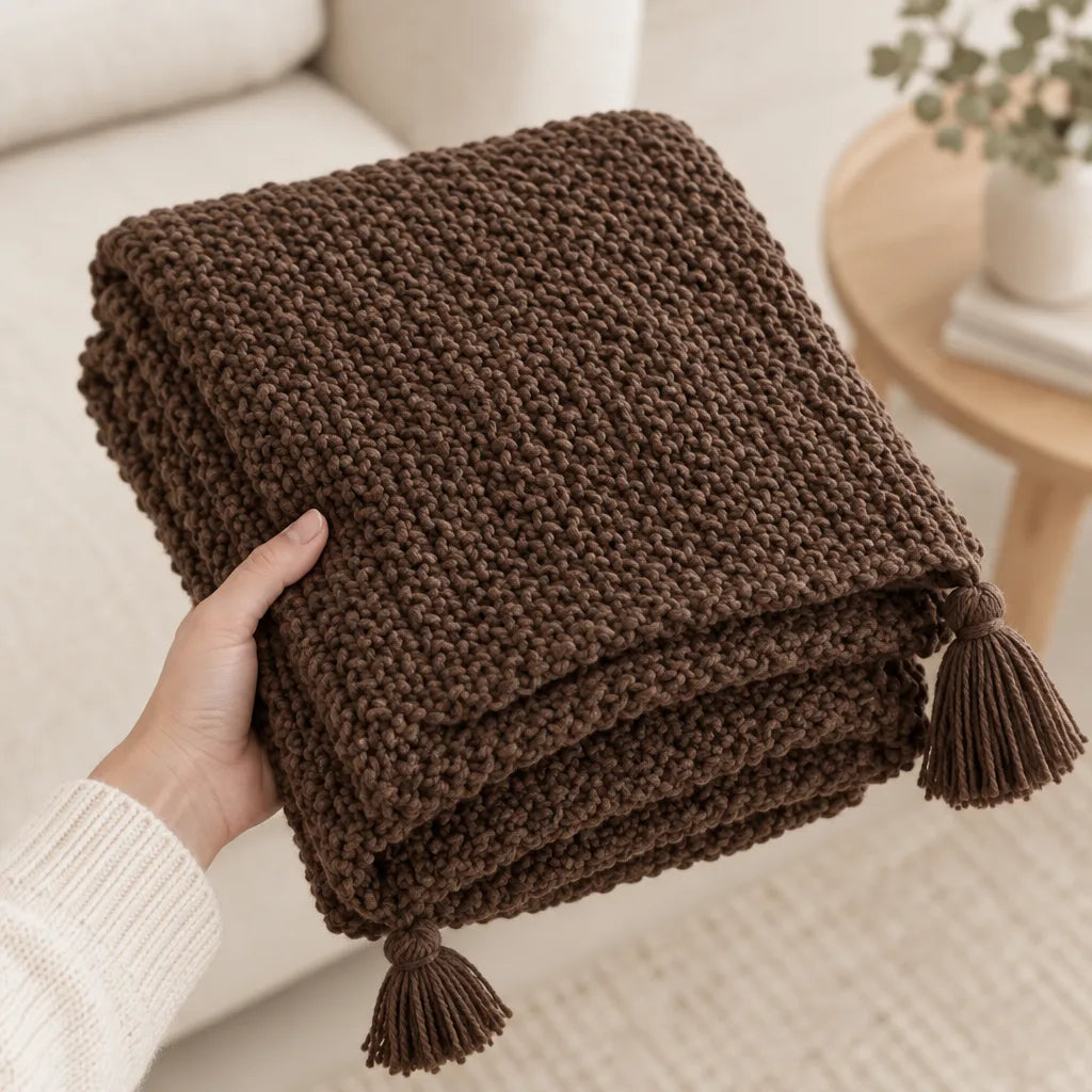 A hand holds a folded brown chunky knit throw blanket with tassel trim in a bright living room, with a cream sofa, woven rug and a round wooden side table holding a potted eucalyptus plant in the background.